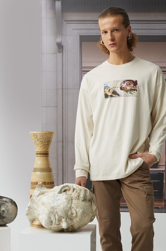 Longsleeve męski z kolekcji Eviva L'arte kolor beżowy okrągły beżowy RS24.BUM252