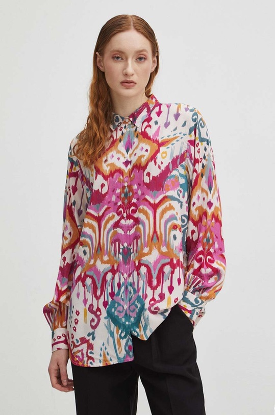 Koszula damska oversize wzorzysta kolor beżowy casual beżowy RS24.KDD500