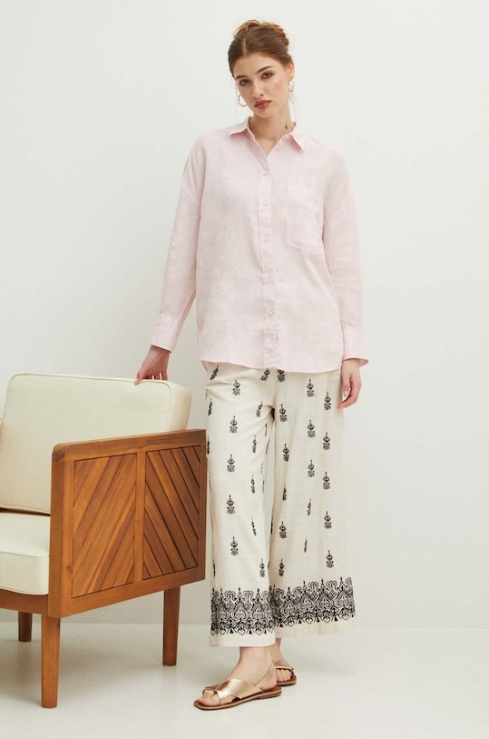 Lněná košile dámská oversize jednobarevná růžová barva RS24.KDD700 růžová RS24