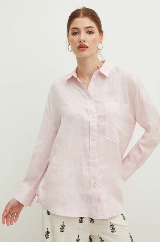 Lněná košile dámská oversize jednobarevná růžová barva růžová RS24.KDD700