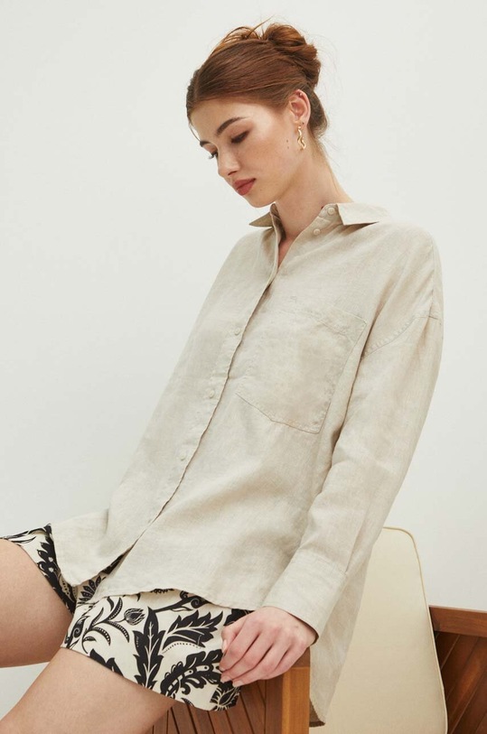 Lněná košile dámská oversize jednobarevná béžová barva klasický béžová RS24.KDD700