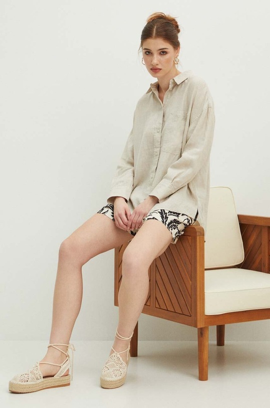 Lněná košile dámská oversize jednobarevná béžová barva RS24.KDD700 béžová RS24