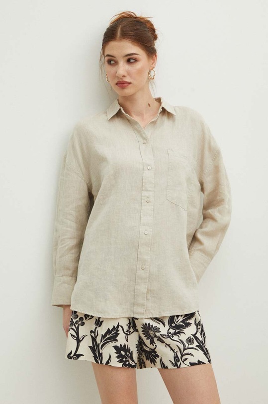 Lněná košile dámská oversize jednobarevná béžová barva béžová RS24.KDD700
