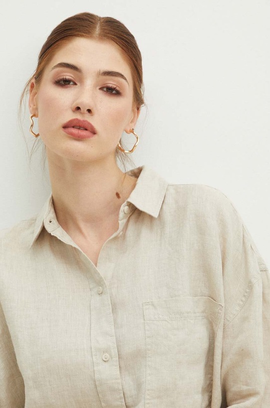 Lněná košile dámská oversize jednobarevná béžová barva RS24.KDD700 béžová