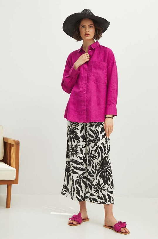 Ľanová košeľa dámska oversize hladká fialová farba RS24.KDD700 fialová RS24