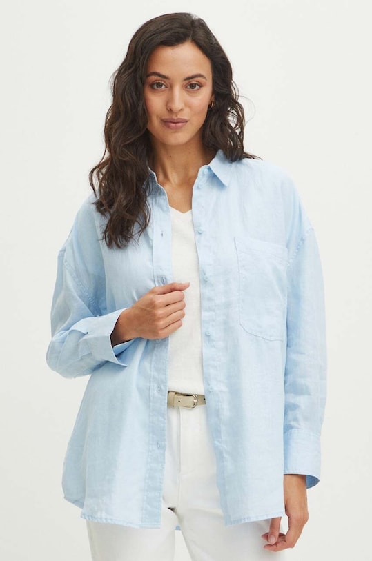 Ľanová košeľa dámska oversize hladká modrá farba casual modrá RS24.KDD700