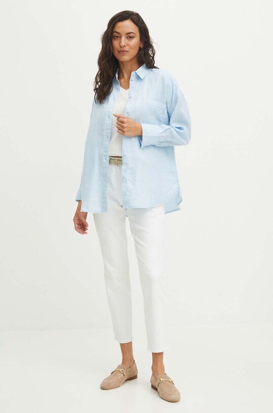 Ľanová košeľa dámska oversize hladká modrá farba RS24.KDD700 modrá RS24