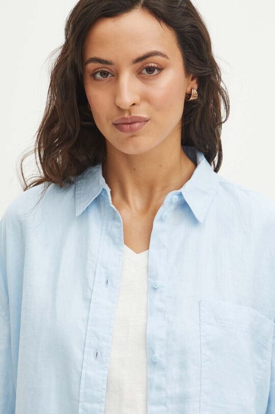 Ľanová košeľa dámska oversize hladká modrá farba modrá RS24.KDD700