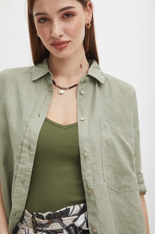 Lněná košile dámská oversize jednobarevná zelená barva zelená RS24.KDD700