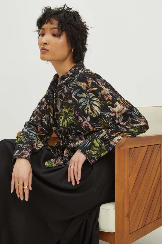 Koszula damska oversize z wiskozy wzorzysta kolor czarny casual czarny RS24.KDD701