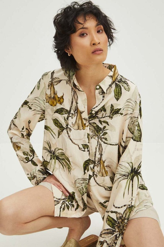 Koszula z domieszką lnu damska regular wzorzysta kolor cielisty casual cielisty RS24.KDD702