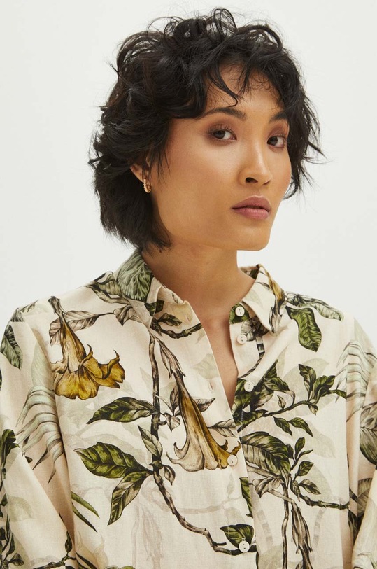 Koszula z domieszką lnu damska regular wzorzysta kolor cielisty RS24.KDD702 cielisty RS24