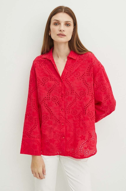 Bavlnená košeľa dámska oversize ažúrová s ozdobnou výšivkou ružová farba dlhý ružová RS24.KDD901