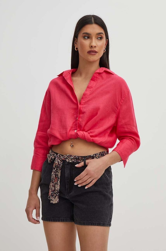 Koszula lniana damska gładka kolor pomarańczowy pomarańczowy RS24.KDD902