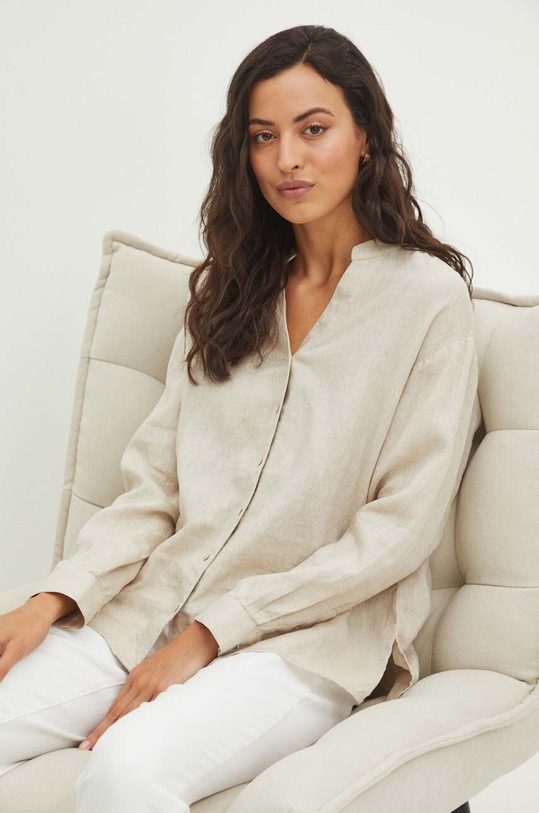 Koszula lniana damska kolor beżowy casual beżowy RS24.KDDB01