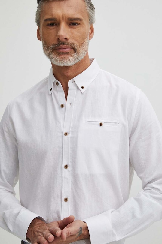 Koszula lniana męska z kołnierzykiem button-down kolor biały casual biały RS24.KDM050