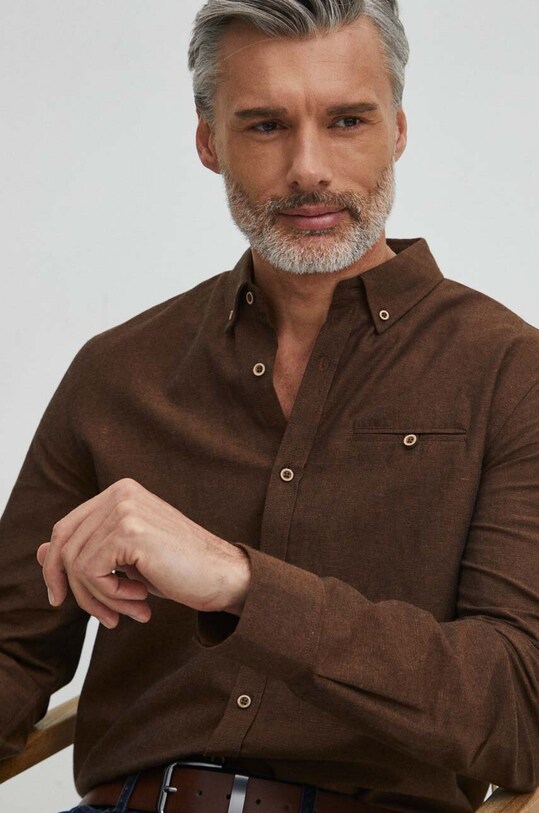 Koszula lniana męska z kołnierzykiem button-down kolor brązowy casual brązowy RS24.KDM050
