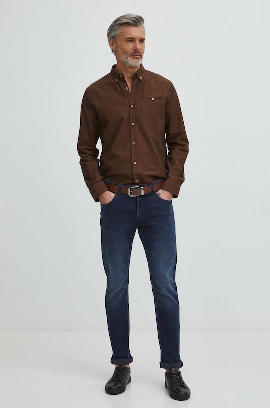 Koszula lniana męska z kołnierzykiem button-down kolor brązowy RS24.KDM050 brązowy RS24