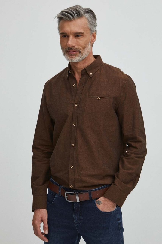 Koszula lniana męska z kołnierzykiem button-down kolor brązowy RS24.KDM050 brązowy