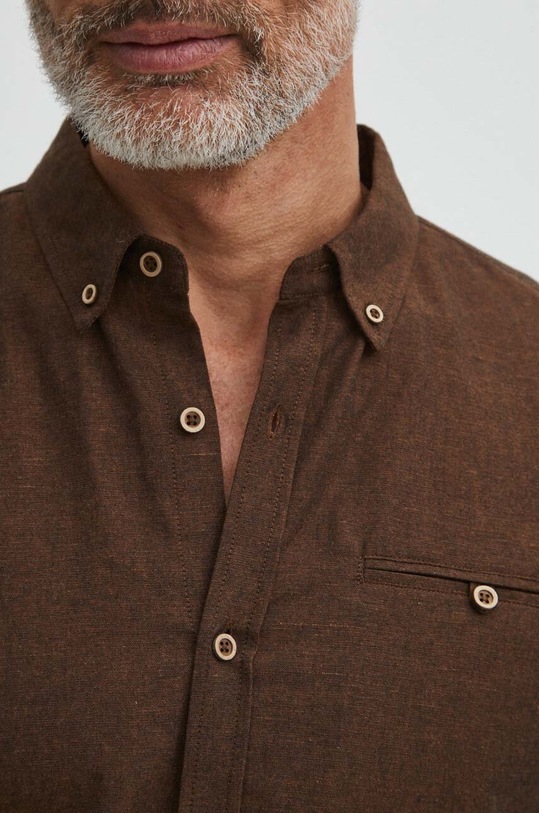 Koszula lniana męska z kołnierzykiem button-down kolor brązowy RS24.KDM050