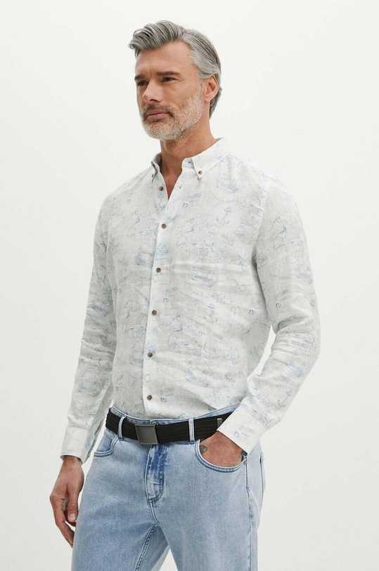 Lněná košile pánská s límcem button-down se vzorem bílá barva s knoflíky bílá RS24.KDM800