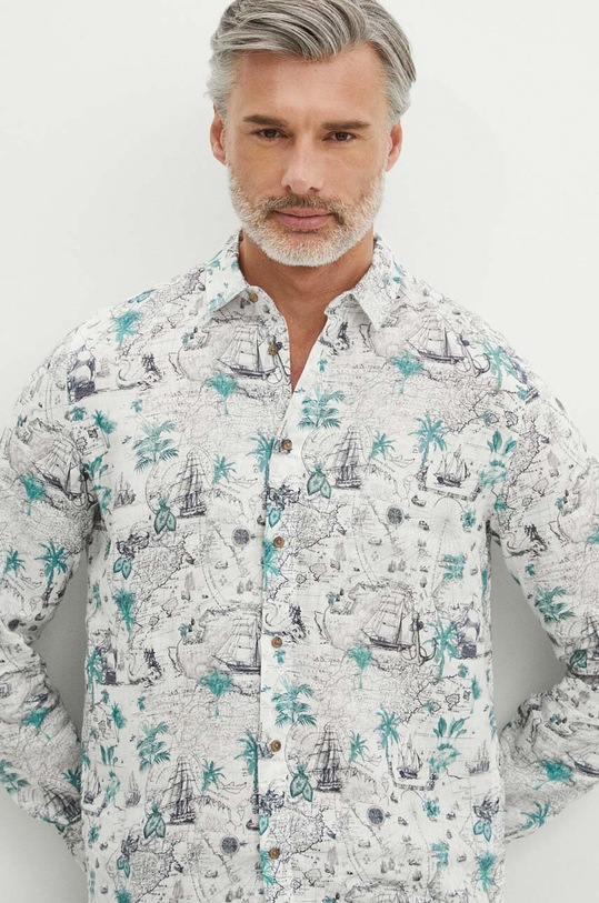 Koszula lniana męska z kołnierzykiem wzorzysta kolor biały casual biały RS24.KDM801