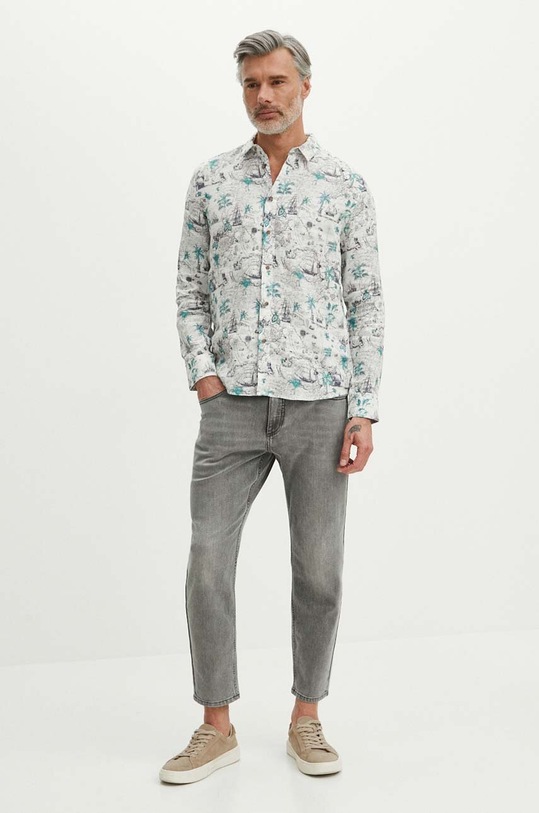 Koszula lniana męska z kołnierzykiem wzorzysta kolor biały RS24.KDM801 biały RS24