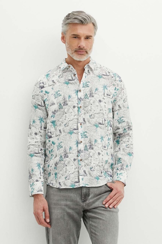 Koszula lniana męska z kołnierzykiem wzorzysta kolor biały biały RS24.KDM801