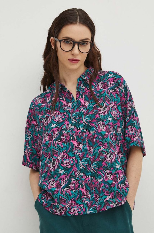 Koszula damska oversize wzorzysta kolor zielony casual turkusowy RS24.KKD502