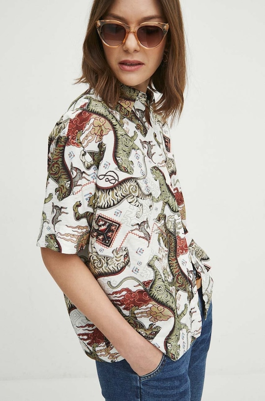 Koszula damska oversize wzorzysta kolor beżowy wzorzyste beżowy RS24.KKD600