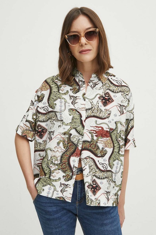Koszula damska oversize wzorzysta kolor beżowy RS24.KKD600 beżowy