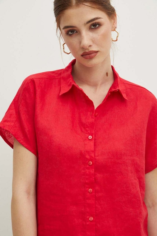 Koszula lniana damska regular gładka kolor czerwony casual czerwony RS24.KKD701