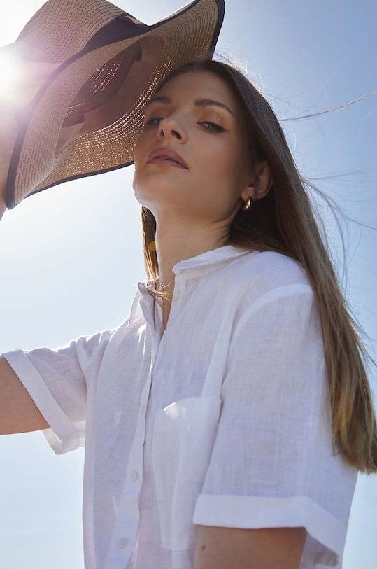 Lněná košile dámská oversize jednobarevná bílá barva klasický bílá RS24.KKD902