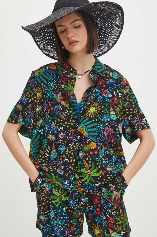 Koszula damska oversize wzorzysta kolor czarny czarny RS24.KKDA03