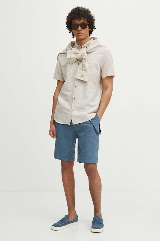 Koszula lniana męska z kołnierzykiem button down kolor beżowy regular beżowy RS24.KKM070