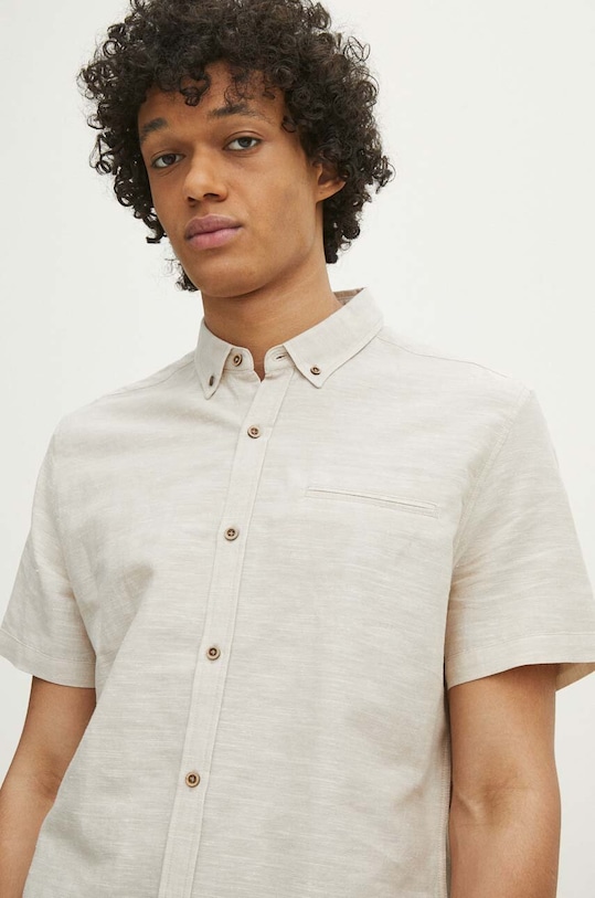 Koszula lniana męska z kołnierzykiem button down kolor beżowy RS24.KKM070 beżowy