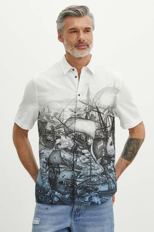 Koszula lniana męska z klasycznym kołnierzykiem wzorzysta kolor multicolor casual multicolor RS24.KKM800