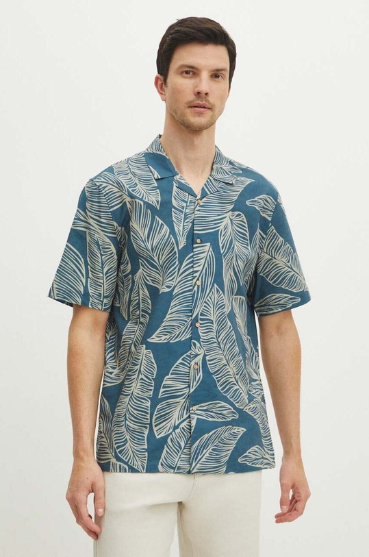 Koszula lniana męska z kołnierzykiem typu resort wzorzysta kolor niebieski wzorzyste niebieski RS24.KKMA13