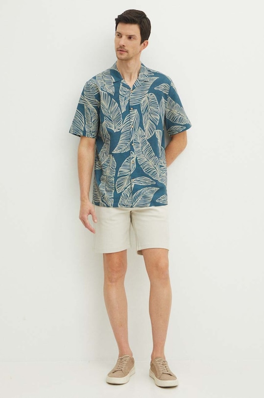 Koszula lniana męska z kołnierzykiem typu resort wzorzysta kolor niebieski RS24.KKMA13 niebieski RS24