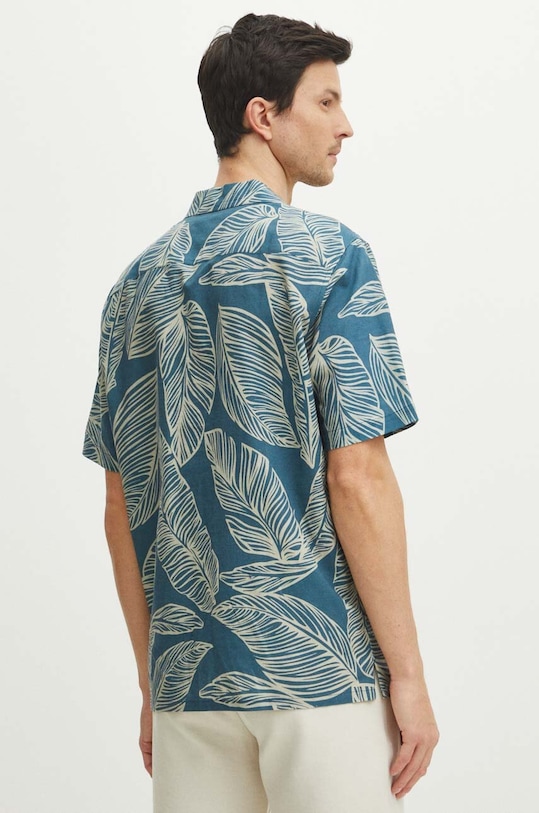 Odzież Koszula lniana męska z kołnierzykiem typu resort wzorzysta kolor niebieski RS24.KKMA13 niebieski