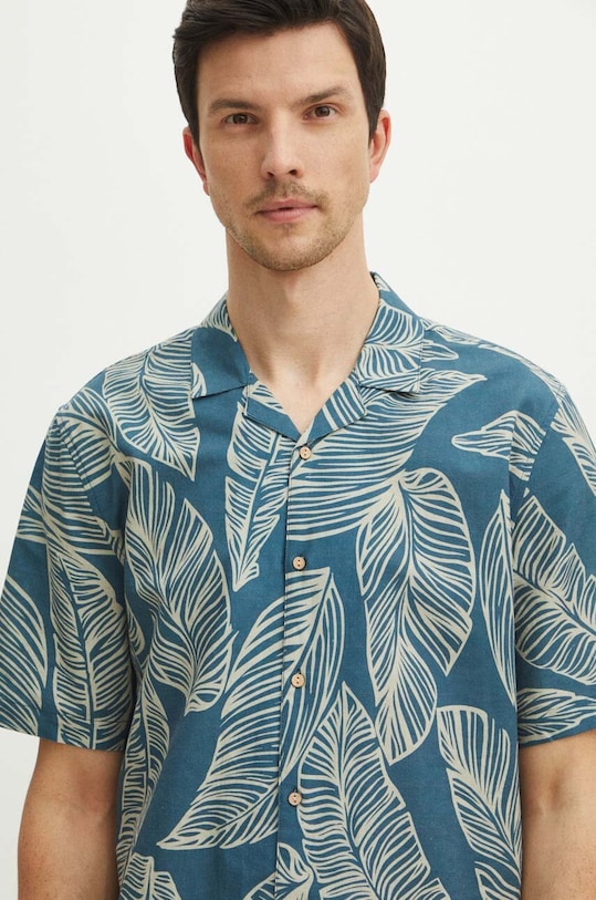 Koszula lniana męska z kołnierzykiem typu resort wzorzysta kolor niebieski niebieski RS24.KKMA13