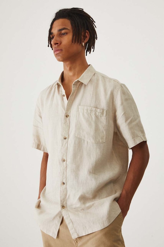 Koszula lniana męska z kołnierzykiem klasycznym melanżowa kolor beżowy beżowy RS24.KKMB01