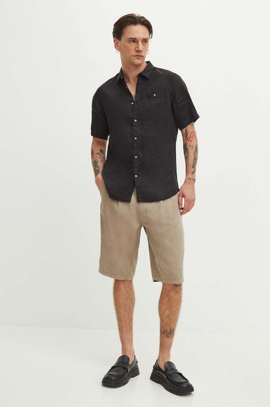 Ľanová košeľa pánska s klasickým golierom melanžová čierna farba RS24.KKMB01 čierna RS24