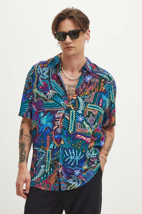 Koszula męska z kołnierzykiem klasycznym wzorzysta kolor multicolor casual multicolor RS24.KKMB14