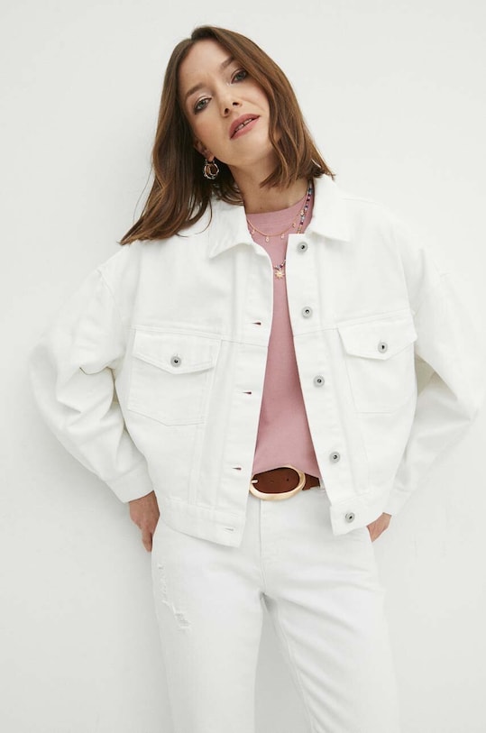 Kurtka jeansowa bawełniana damska oversize kolor biały jeans biały RS24.KUD606