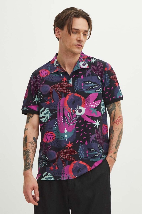 Polo bawełniane męskie z domieszką elastanu wzorzyste kolor czarny z elastanem czarny RS24.POMB11