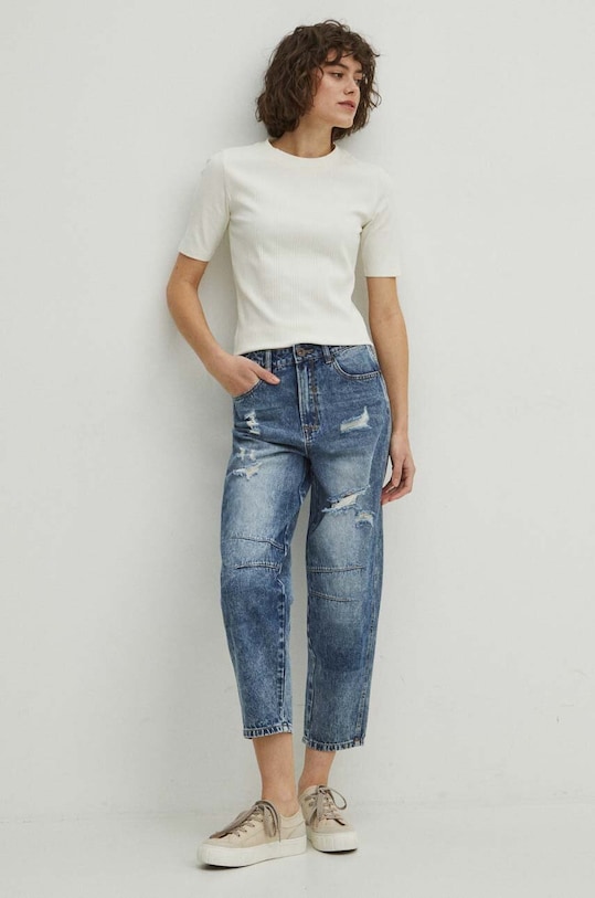 Džíny dámské slouchy seprané modrá barva modrá RS24.SJD448