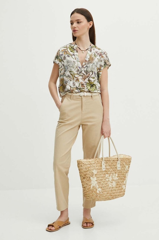 Spodnie damskie z paskiem chino gładkie kolor beżowy z elastanem beżowy RS24.SPD080