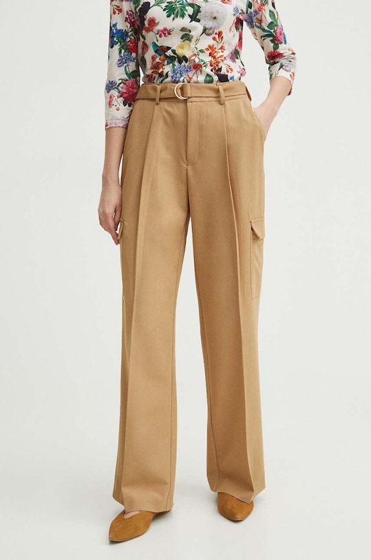 Spodnie damskie z paskiem wide leg kolor beżowy beżowy RS24.SPD302