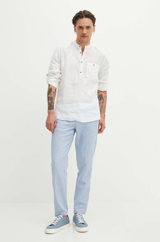 Lněné kalhoty pánské melanžové modrá barva RS24.SPMB10 modrá RS24